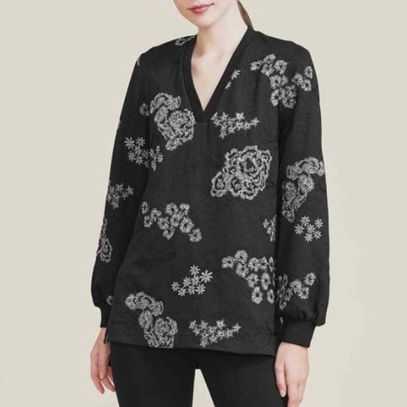 Pearl by Lela Rose Tops - Pearl by Lela Rose Embroidered Jersey V-Neck Tunic Sweatshirt Black Women’s L